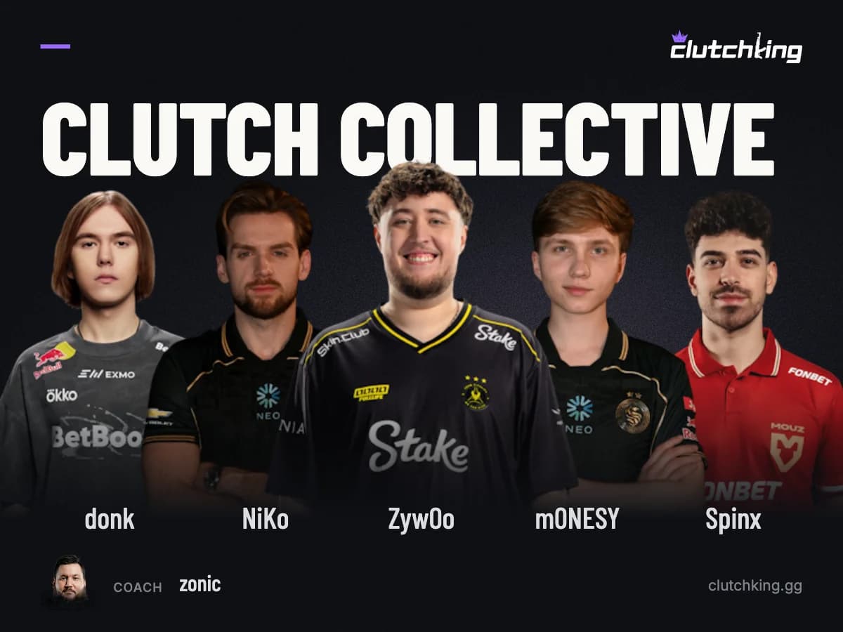 Equipe de exemplo Clutch Collective: donk, NiKo, ZywOo, m0NESY e Spinx, com o coach zonic.